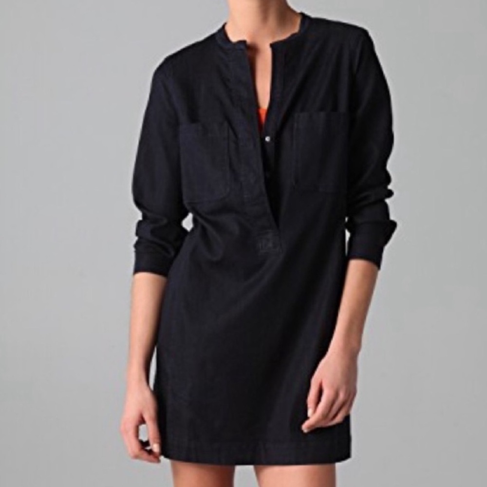 Pristine Vince Cupro Denim Indigo Long Sleeve Snap Henley Dress XS/S Split Hem